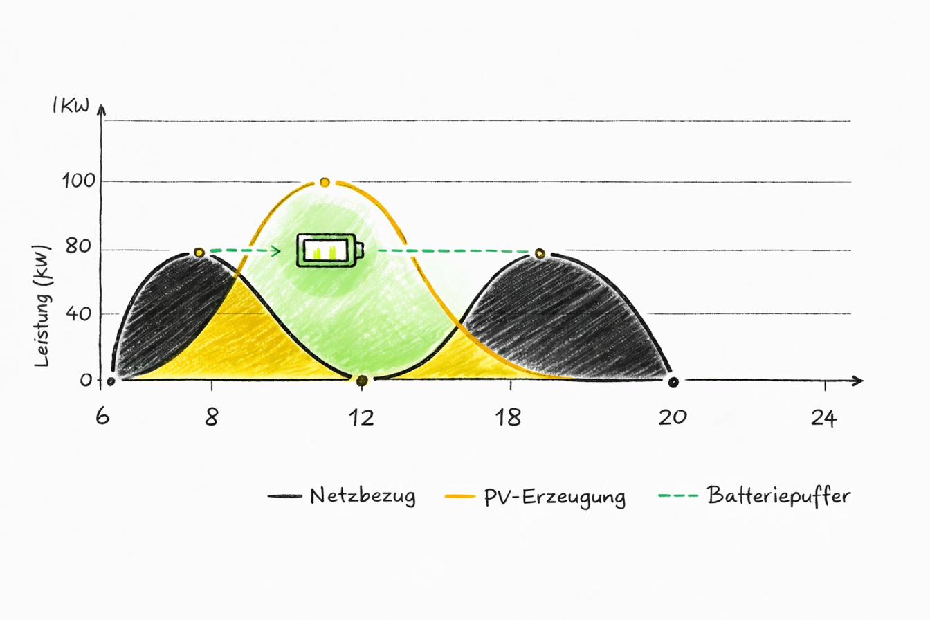 Schematischer Tagesgang: PV-Erzeugung (gelb) und Netzbezug (schwarz) verlaufen zeitlich versetzt — der Batteriepuffer (grün gestrichelt) gleicht den Überschuss mittags gegen den Bedarf morgens und abends aus.