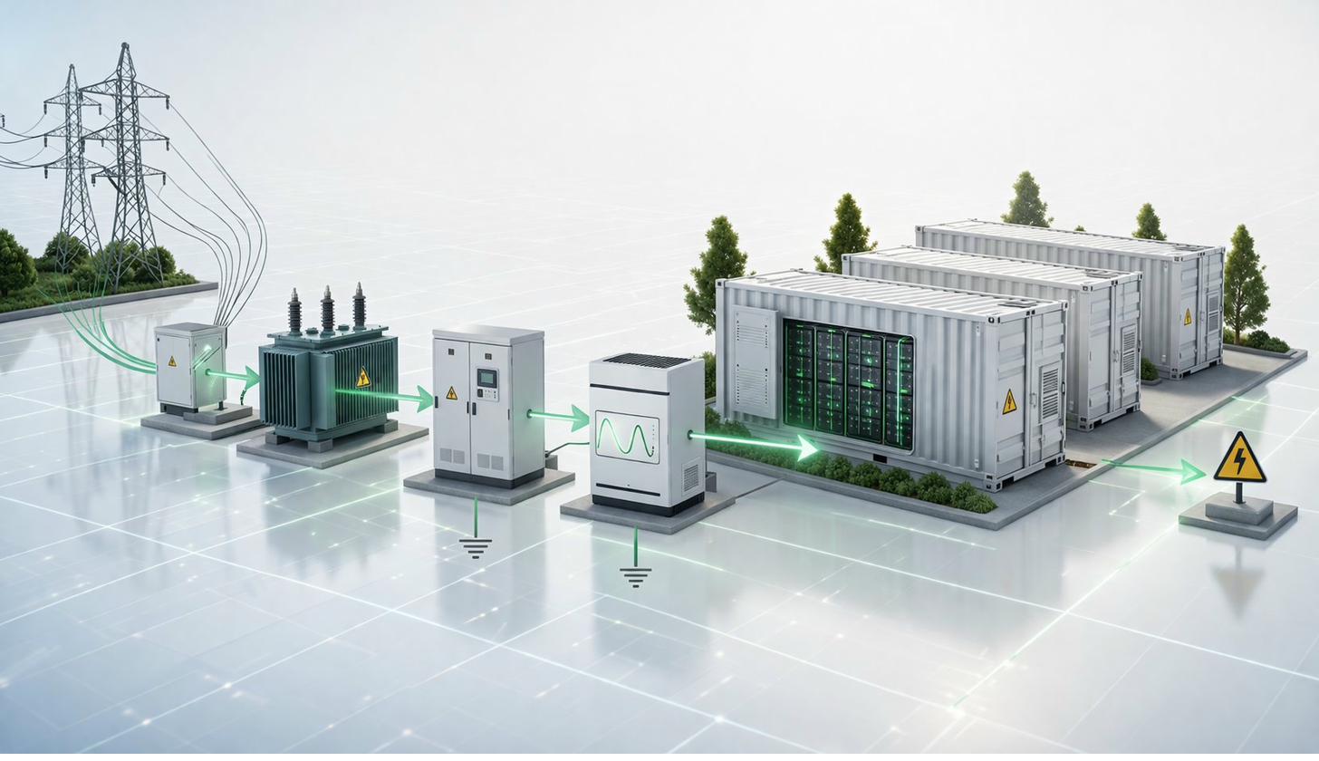 Schematische Darstellung eines BESS-Projekts: vom Netzanschluss über Transformator und Wechselrichter bis zu den Batteriespeicher-Containern