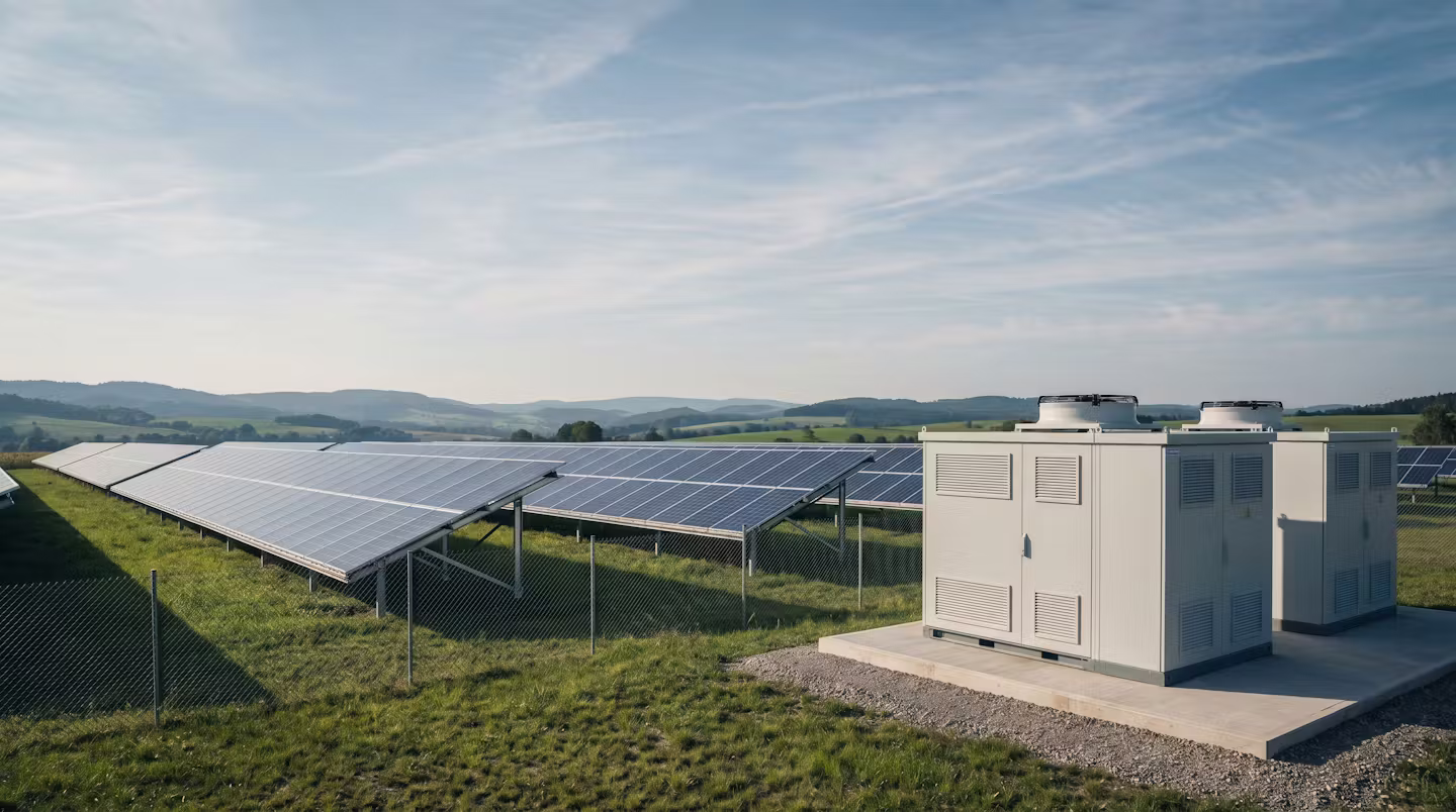 Bestehender Solarpark in Deutschland mit angrenzenden Batteriespeicher-Containern — Co-Location-Anlage am gemeinsamen Netzanschlusspunkt