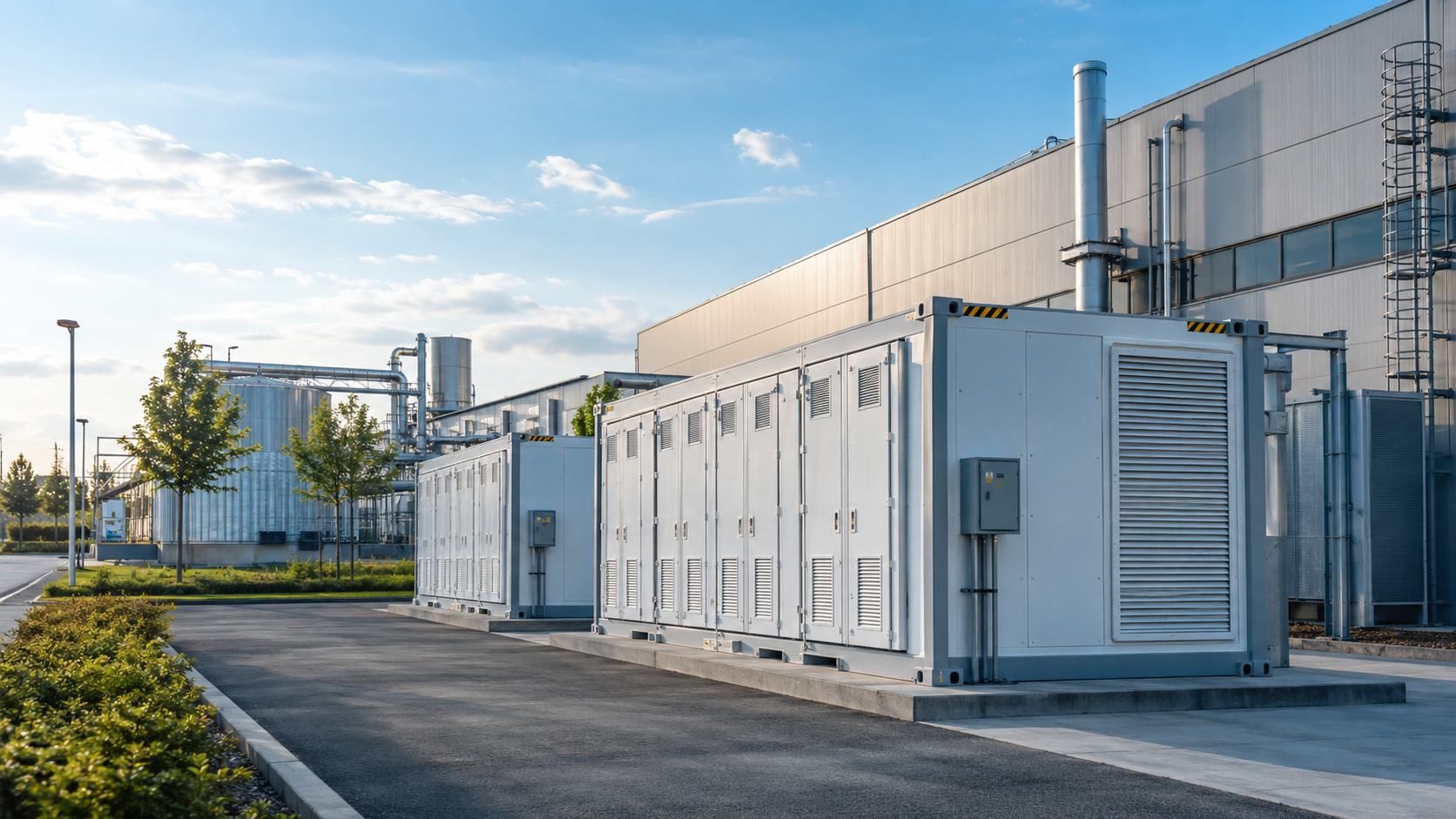 Batteriespeicher an einem Industriestandort für Unternehmen und Gewerbe